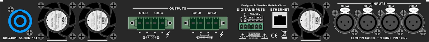 Rückansicht des Procella Audio DA08-DSP, einer Vierkanal-Class-D-Endstufe mit DSP.