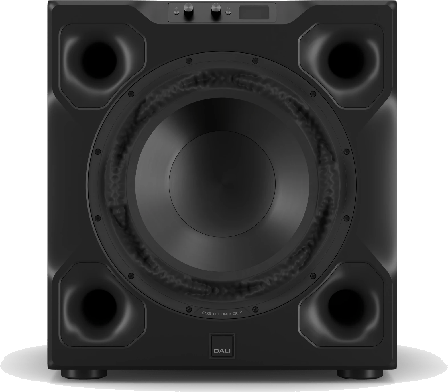 Frontansicht des DALI SUB V-16 F Black Subwoofers mit sichtbaren Anschlüssen.