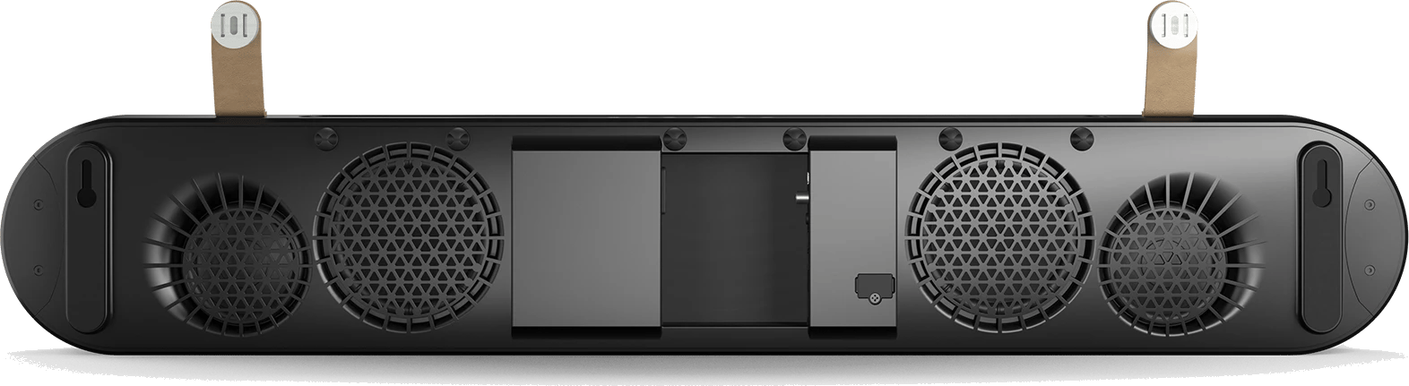 Rückansicht der DALI KATCH ONE Soundbar in Iron Black, mit sichtbaren Anschlüssen und Treibern.