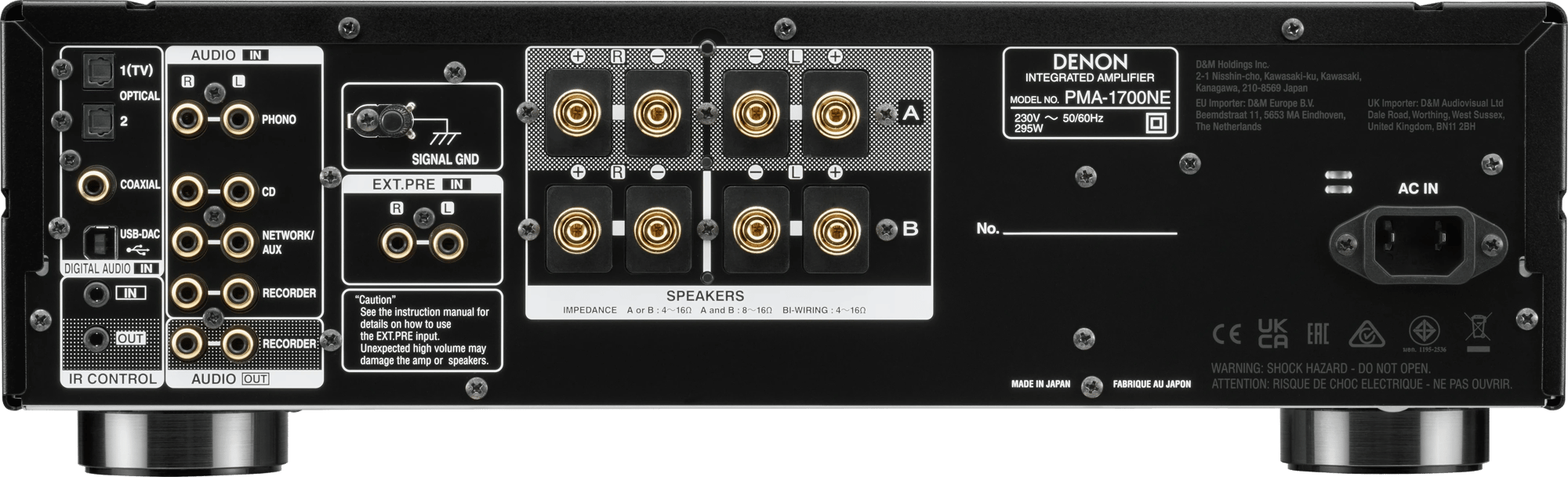 Denon PMA-1700NE in Schwarz von hinten: Anschlussfeld mit Cinch-, Digital- und USB-Buchsen, Lautsprecherklemmen und Netzeingang, Typenschild für 230 V.