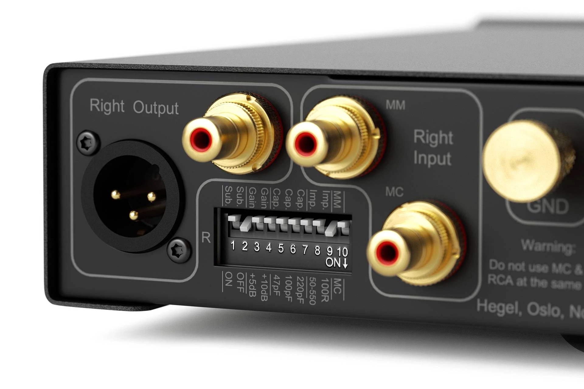 Rückansicht des Hegel V10 Phono-Vorverstärkers mit Eingangs- und Ausgangsanschlüssen.