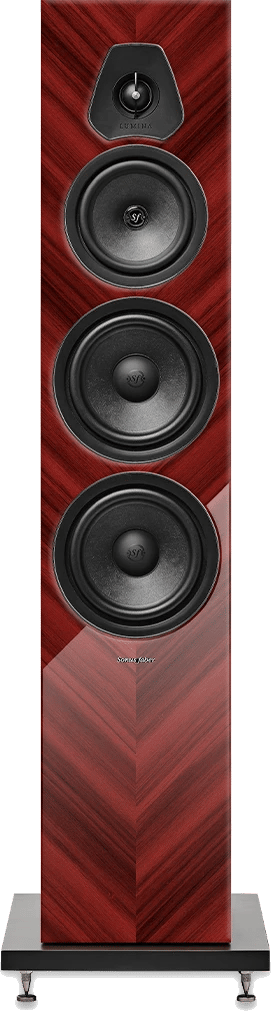 Frontansicht des Sonus faber Lumina V Amator Lautsprechers in glänzend roter Ausführung.