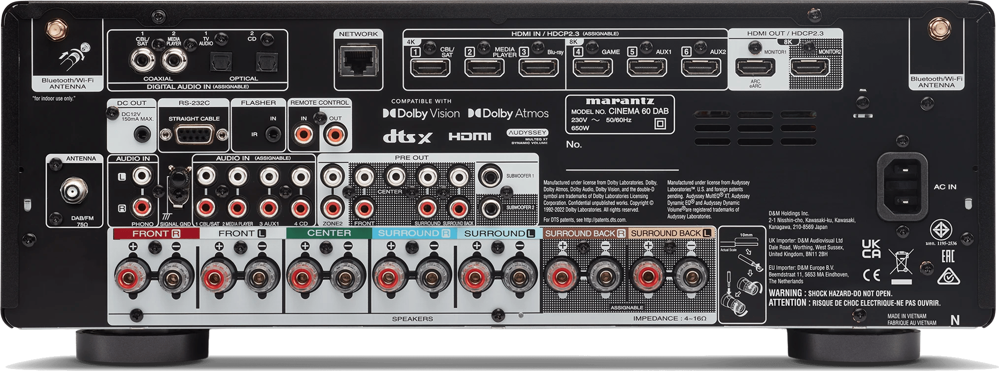 Rückansicht des Marantz CINEMA 60 DAB AV-Receivers mit verschiedenen Audio- und Videoanschlüssen.