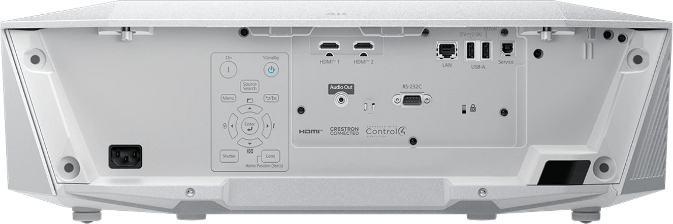 Rückansicht des Epson EH-QL7000W 4K-Laserprojektors mit Anschlüssen und Bedienelementen.