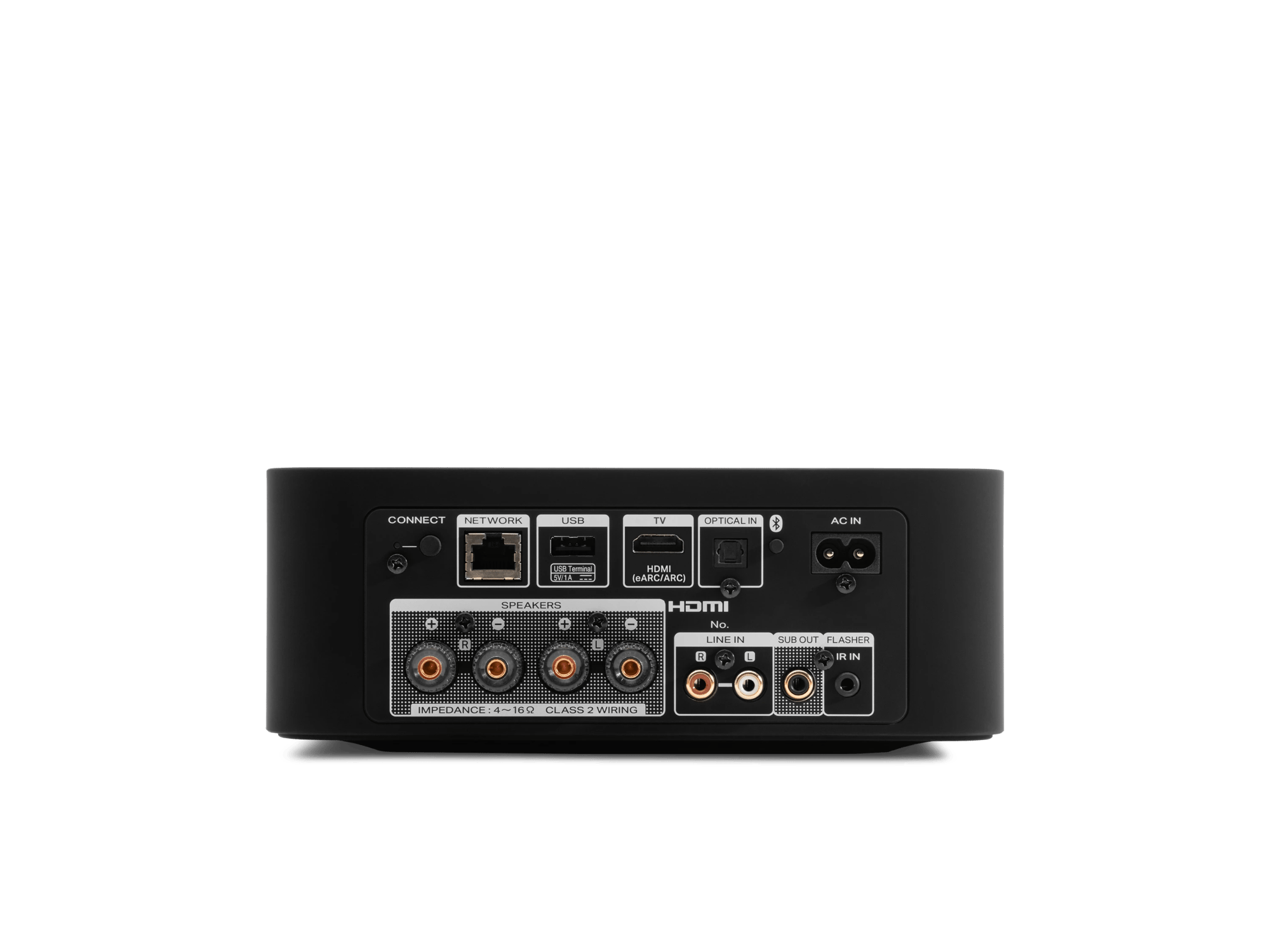Rückseite des Marantz MODEL M1 mit Netzwerkbuchse, USB, HDMI eARC/ARC, optischem Eingang, vier Lautsprecherklemmen, Line-Eingang, Subwoofer-Ausgang, IR-Eingang und Netzbuchse.