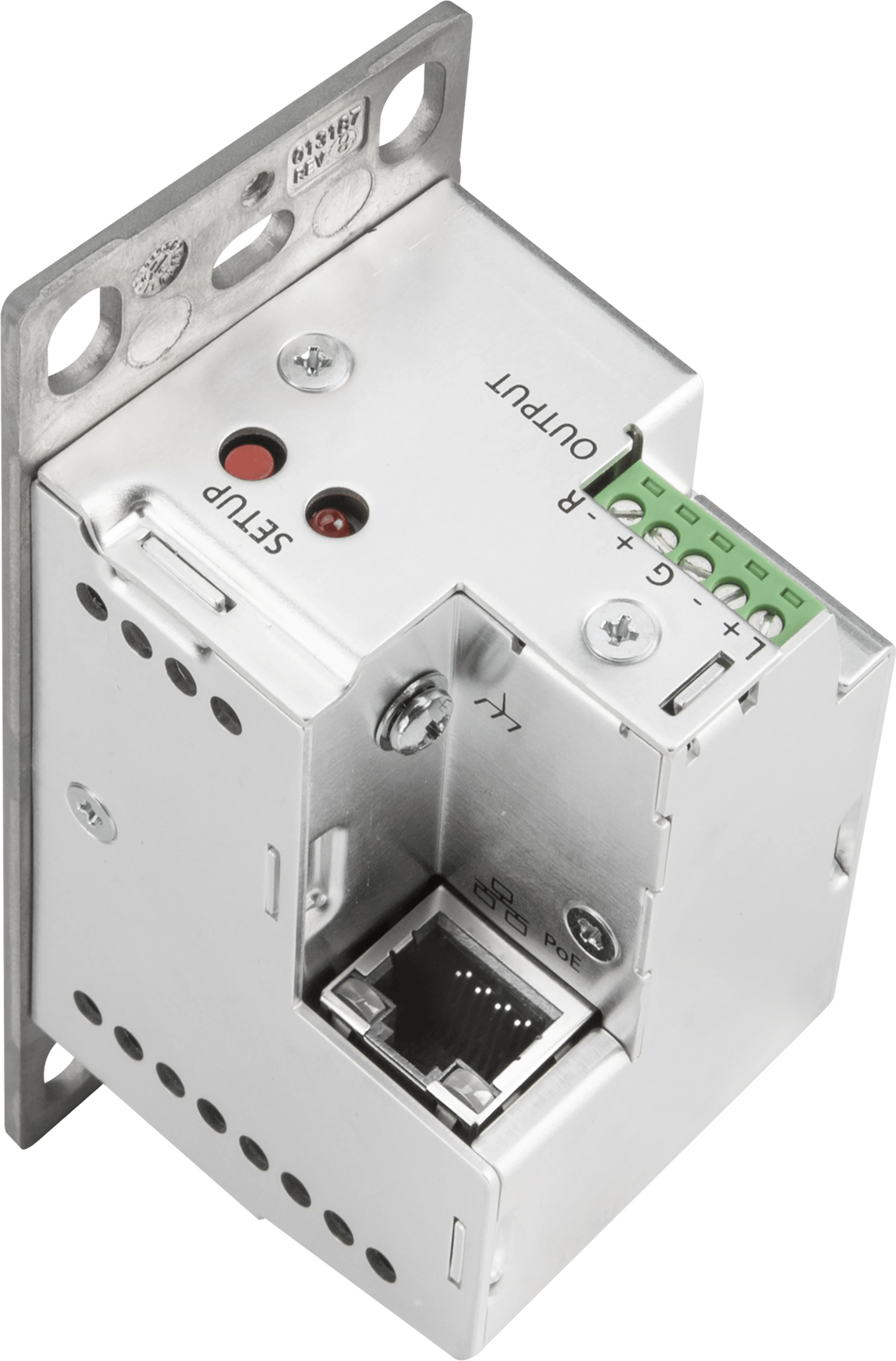 Rückansicht rechts des Crestron DM-NAX Audio-over-IP Wandpaneels mit XLR und Anschlüssen.