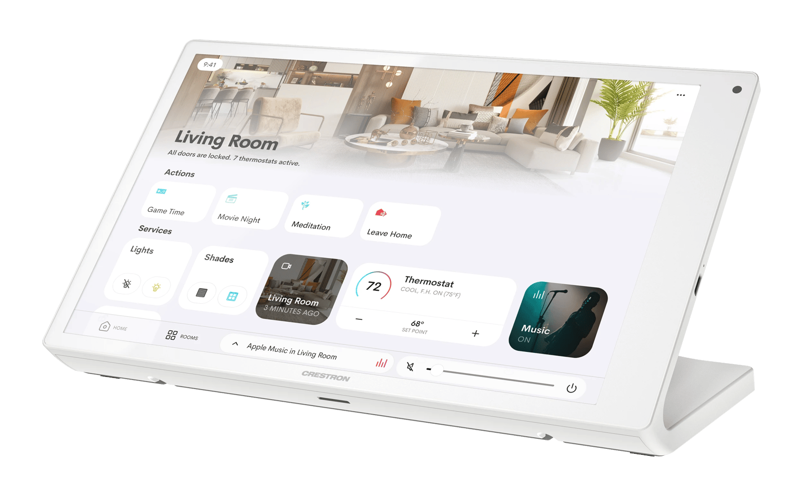 Crestron TS-1080R-W Tisch-Touchscreen in einem Wohnzimmer.