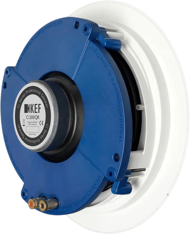 Rückansicht des KEF Ci200QR Deckenlautsprechers mit sichtbaren Anschlüssen.
