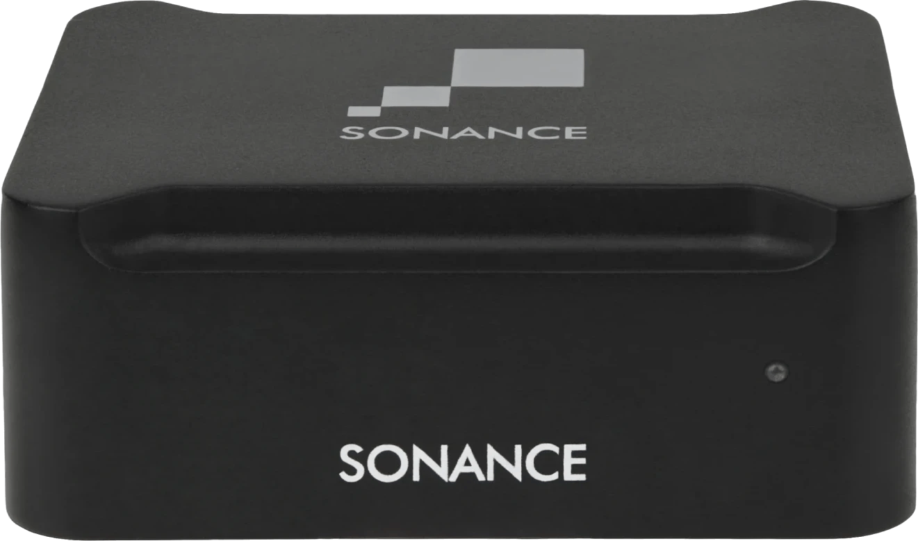 Frontansicht des Sonance SUB Funksenders, kompaktes schwarzes Design.