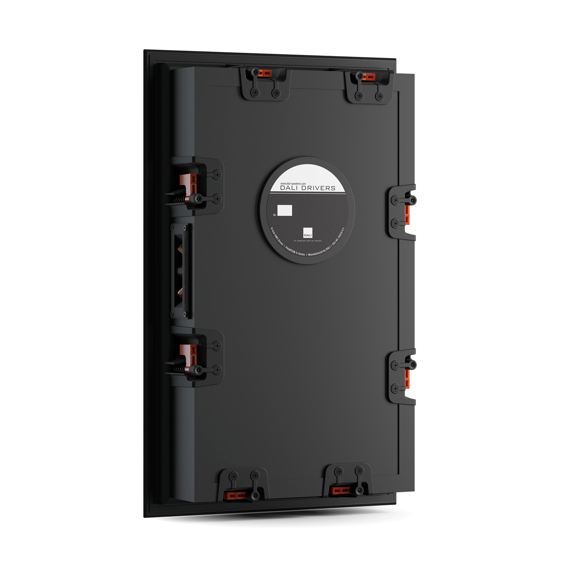 Rückansicht des DALI PHANTOM S-80 In-Wand-Lautsprechers, mit sichtbaren Anschlüssen und Ports.