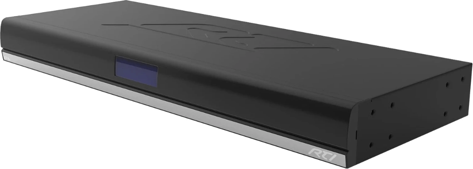 RTI XP-8v Rack-Prozessor, Frontansicht, elegantes schwarzes Design.