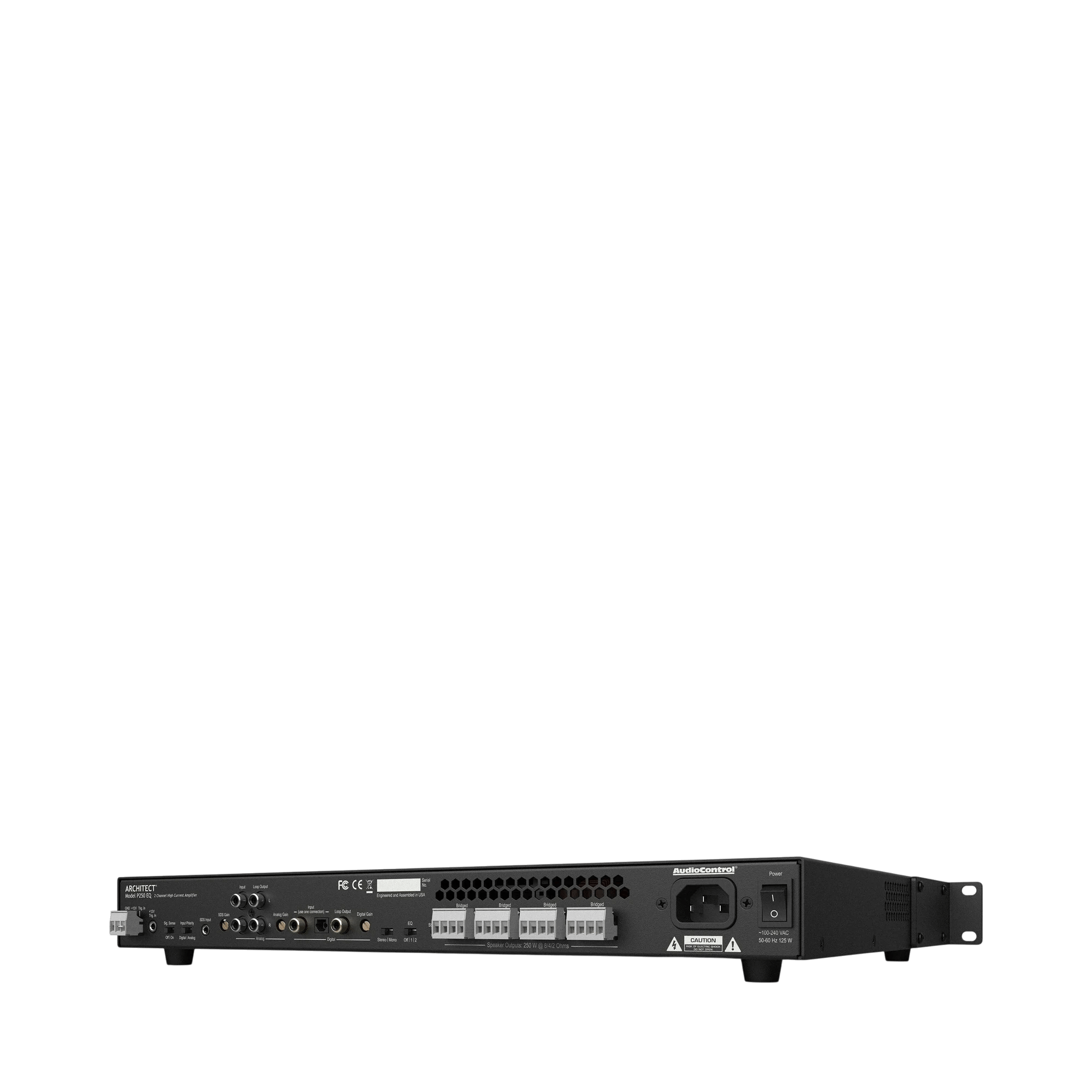 Rückansicht des AudioControl Architect P250 EQ Verstärkers mit Anschlüssen und Steckdosen.