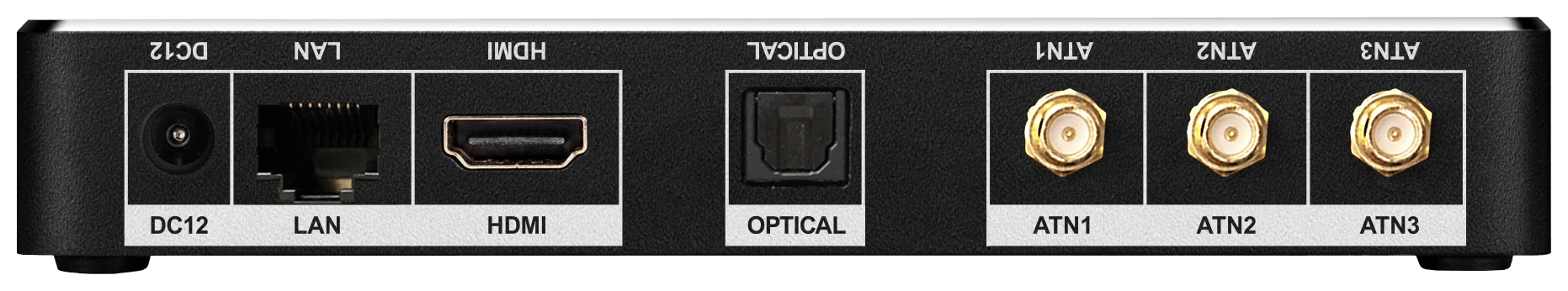 Rückansicht des R.Volution PlayerMini mit HDMI-, LAN- und optischen Anschlüssen.