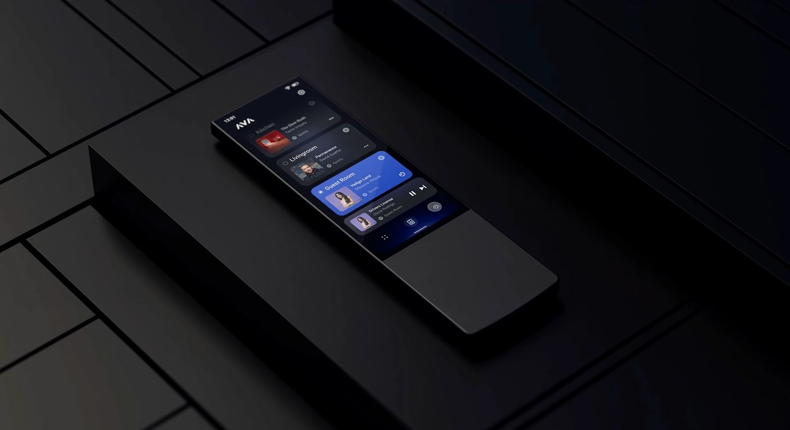 Obenansicht der AVA Home Remote auf einer schwarzen Oberfläche, die das Touchdisplay zeigt.
