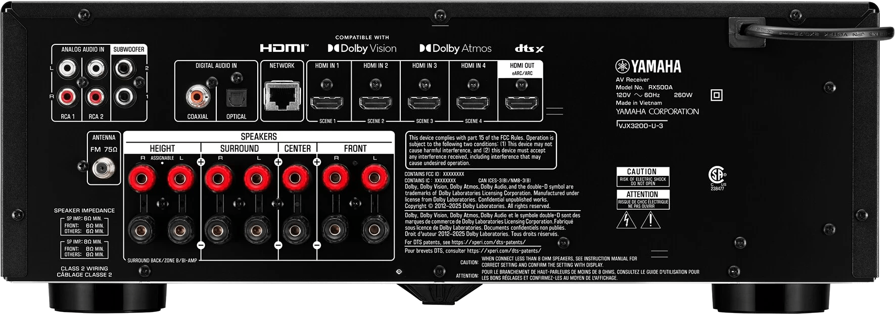 Rückansicht des Yamaha RX500A AV-Receivers mit HDMI- und Lautsprecheranschlüssen.
