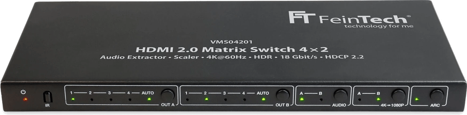 Frontansicht des FeinTech VMS04201 HDMI 2.0 Matrix Switch 4x2 mit Audio-Extractor und Scaler.