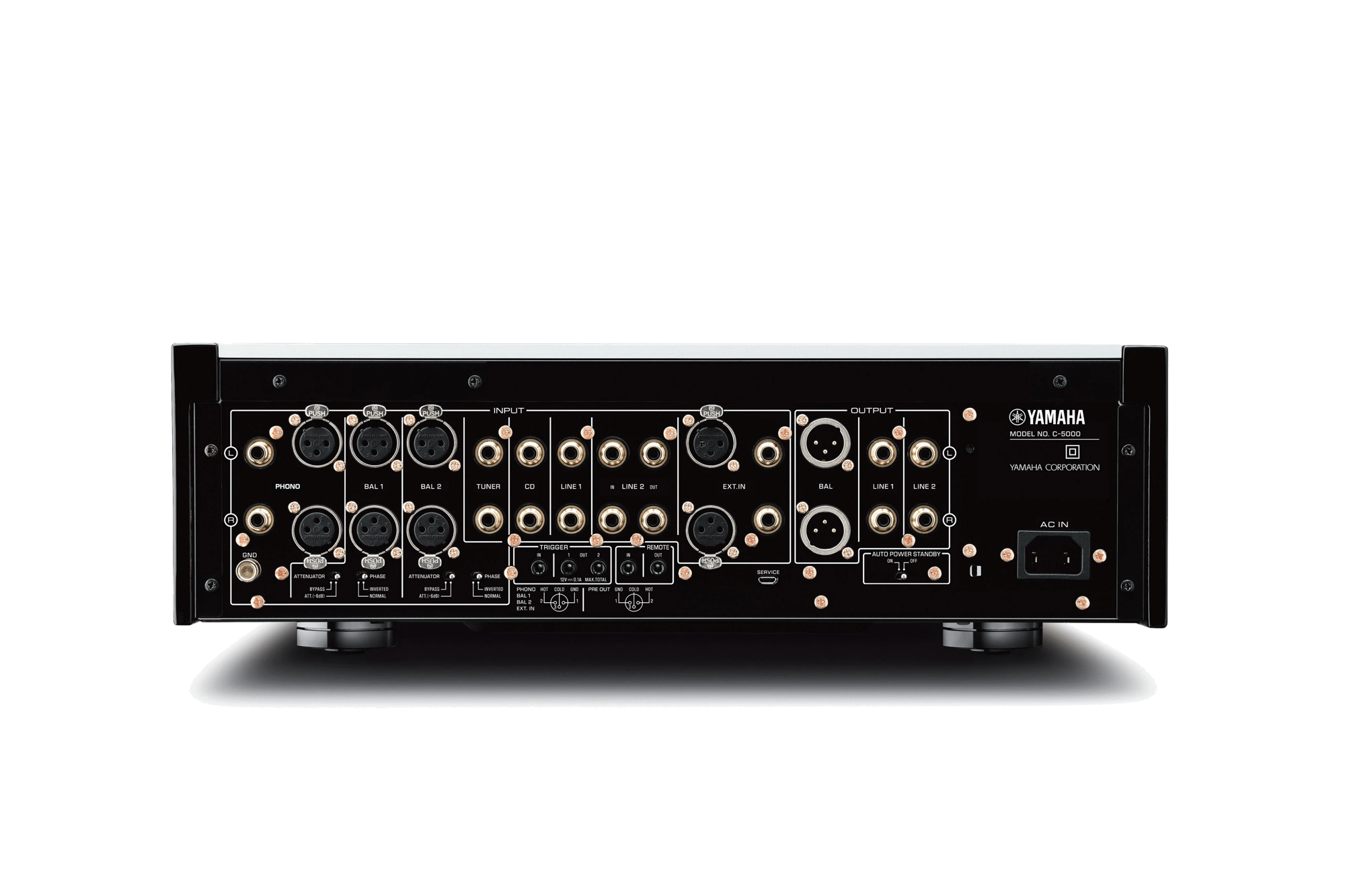 Rückansicht der Yamaha C-5000 Stereo-Vorstufe mit verschiedenen Ein- und Ausgängen.