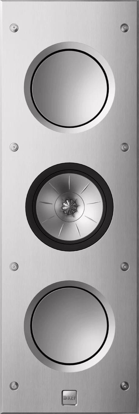 Frontansicht des KEF Ci3160RLM-THX in Silber mit zwei Tieftönern und einem Hochtöner.