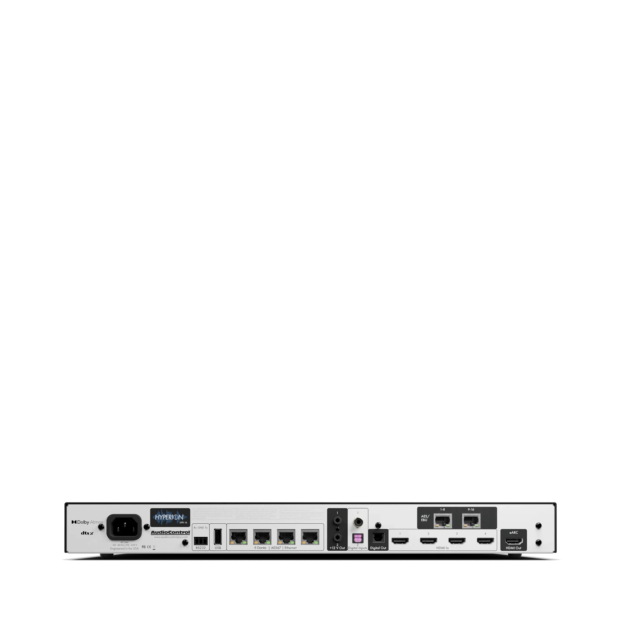 Rückansicht des AudioControl Hyperion DPR-16 mit sichtbaren Anschlüssen.