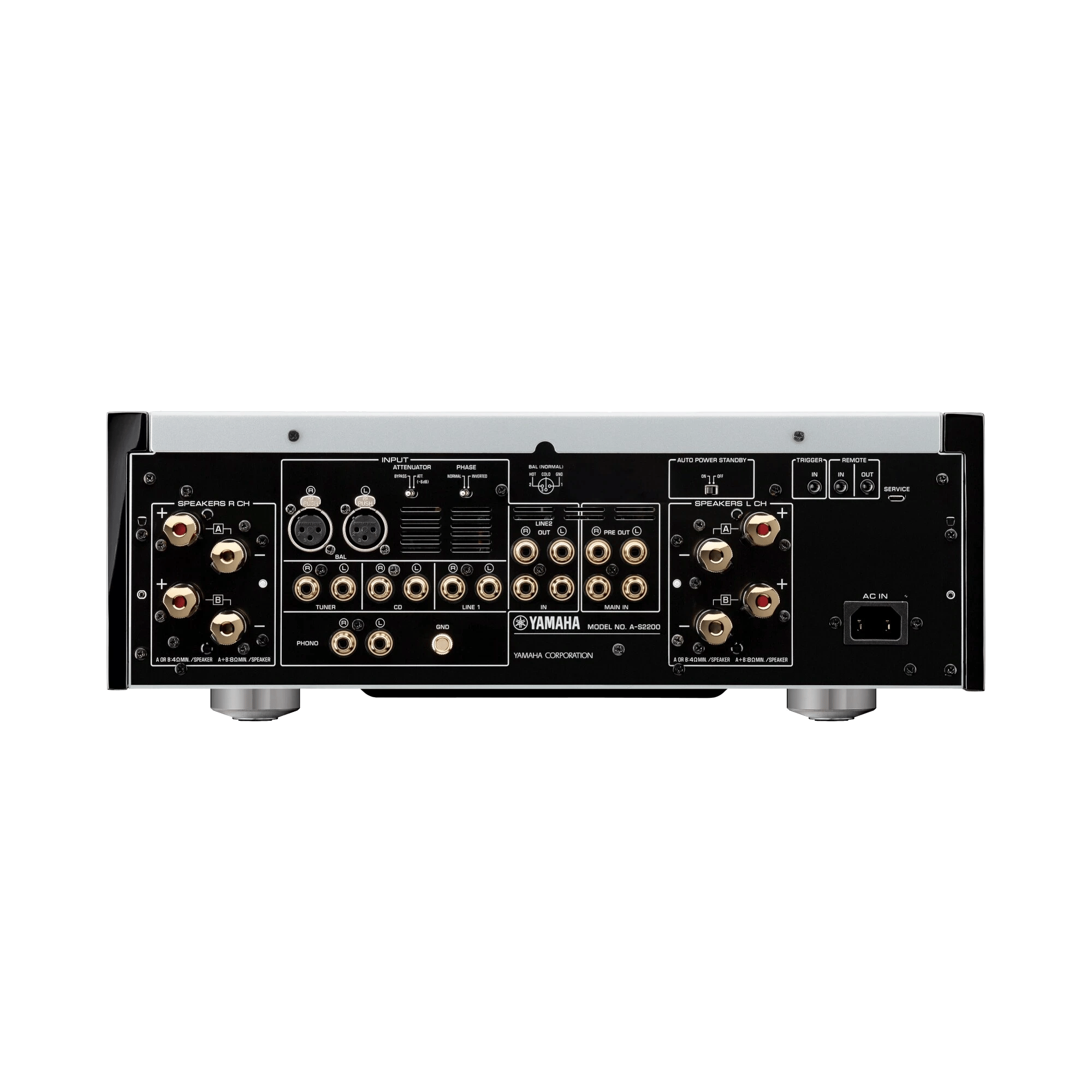 Rückansicht des Yamaha A-S2200 Verstärkers mit verschiedenen Ein- und Ausgängen.
