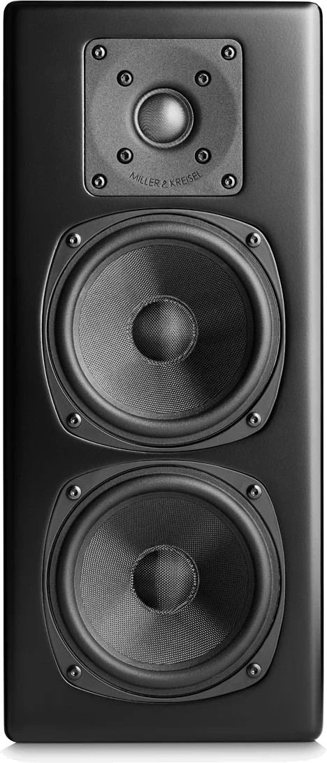 Frontansicht des M&K Sound LCR950 Lautsprechers in Schwarz.