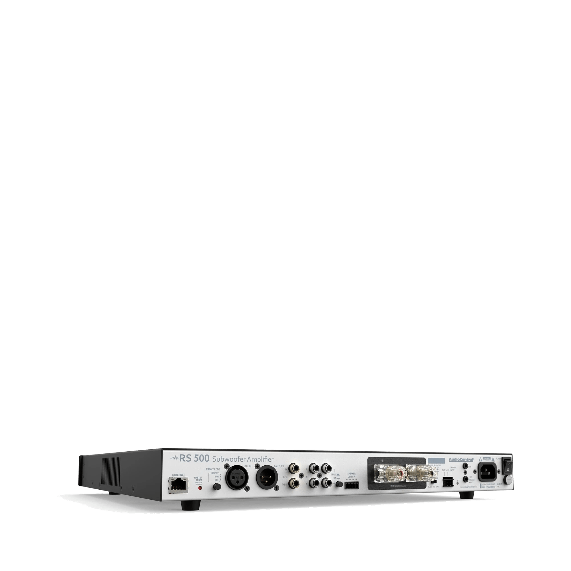 Rückansicht des AudioControl RS 500 Subwoofer-Verstärkers mit sichtbaren Anschlüssen.
