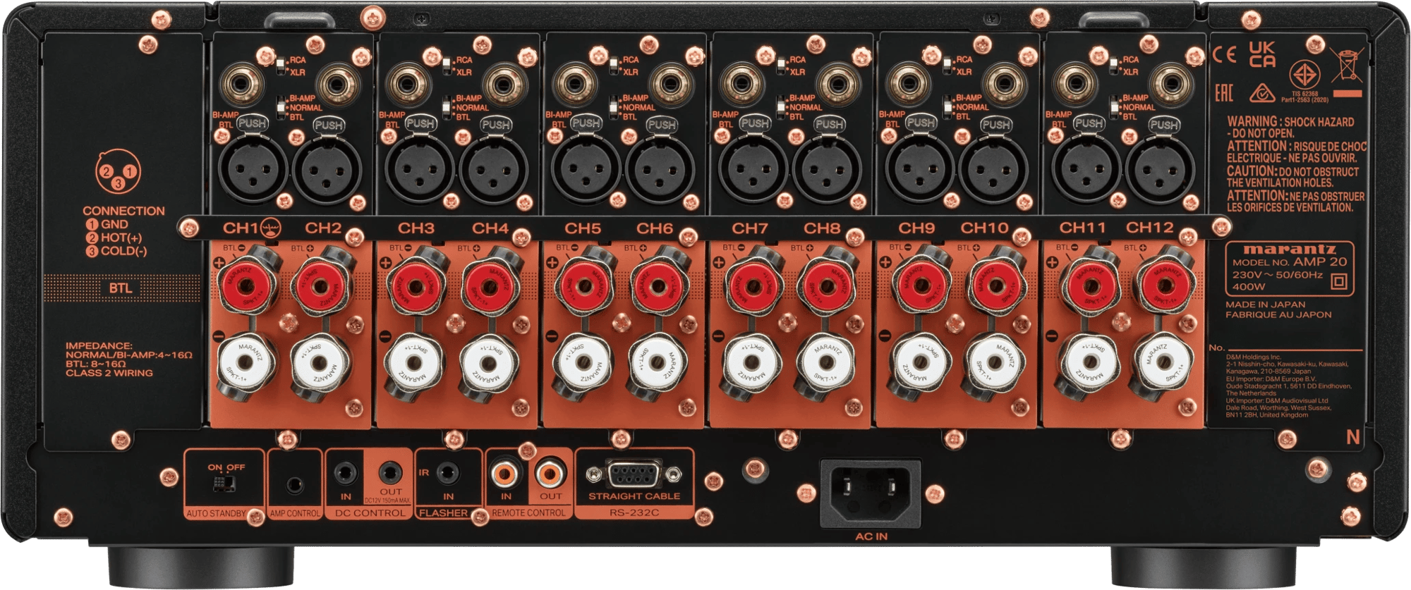 Rückansicht des Marantz AMP20 mit sichtbaren Anschlüssen und Steckdosen.