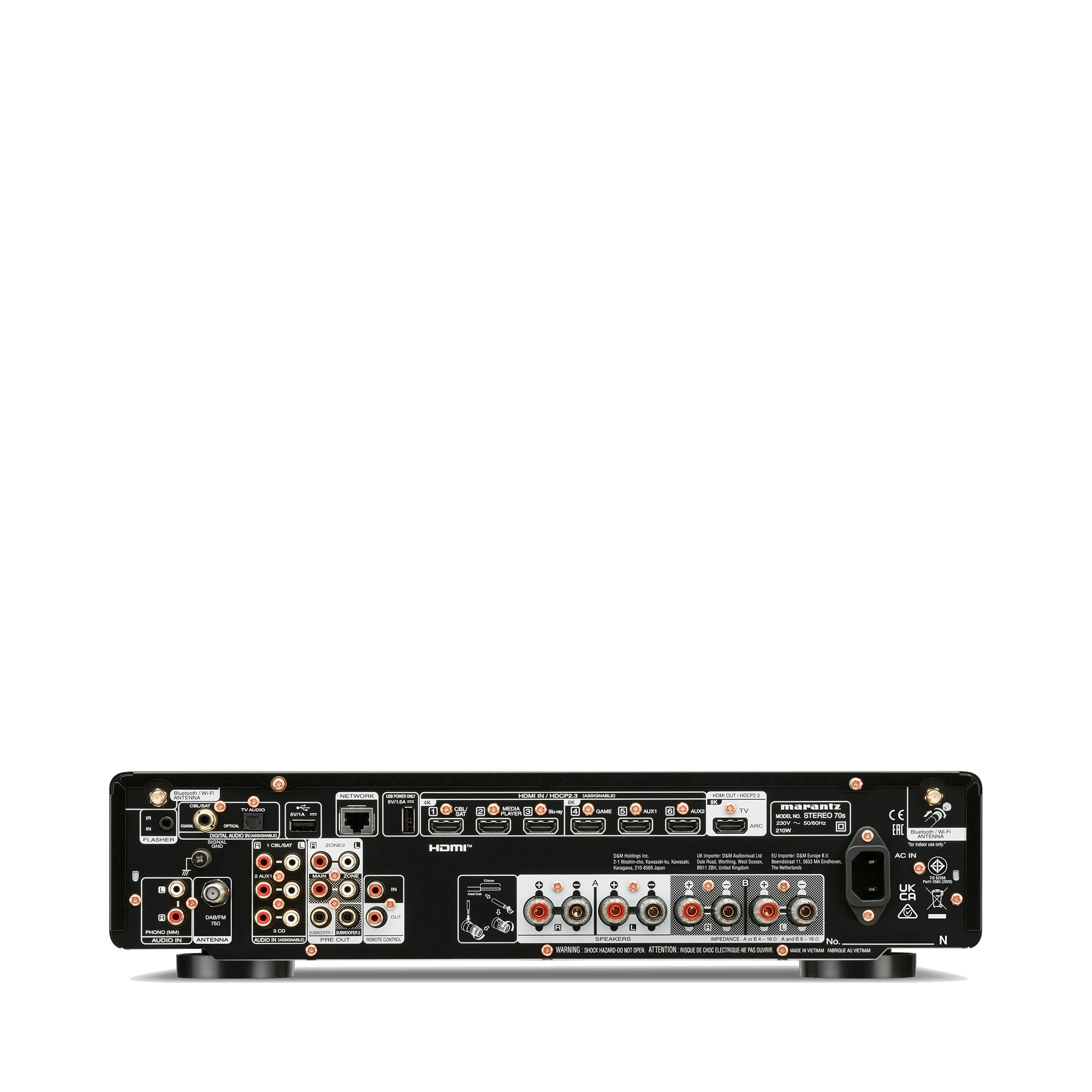 Rückseite des Marantz STEREO 70s mit HDMI-Buchsen, Cinch-Anschlüssen, Lautsprecherklemmen, Netzwerkbuchse und Antennenanschlüssen.