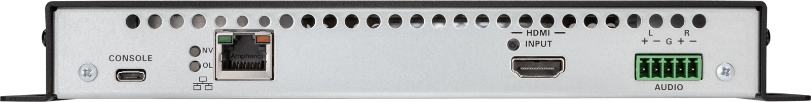 Rückansicht des Crestron DM-NVX-E30 AV-Encoders mit HDMI-Eingang und Audioanschlüssen.