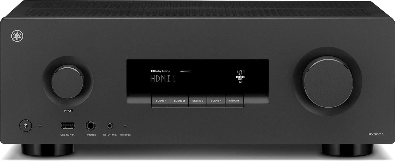 Frontansicht des Yamaha RX300A 5.2-Kanal-AV-Receivers mit HDMI-Anschlüssen und Dolby Atmos.