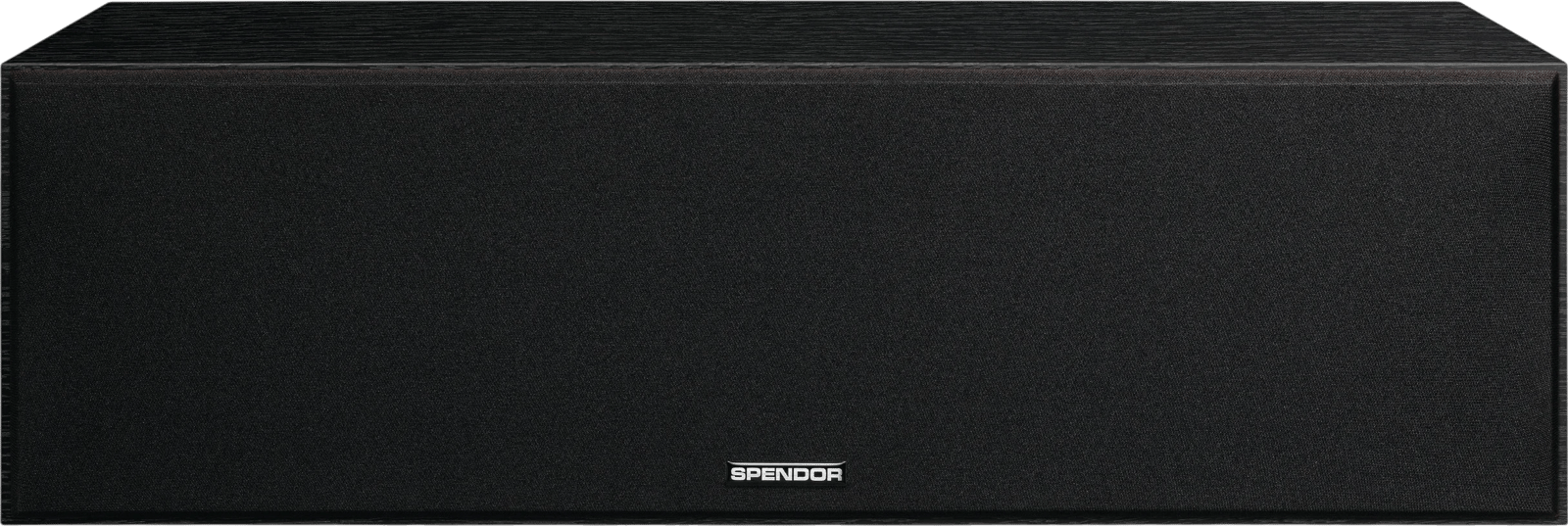 Spendor DC1 Lautsprecher in Schwarz mit Gitter, Vorderansicht.