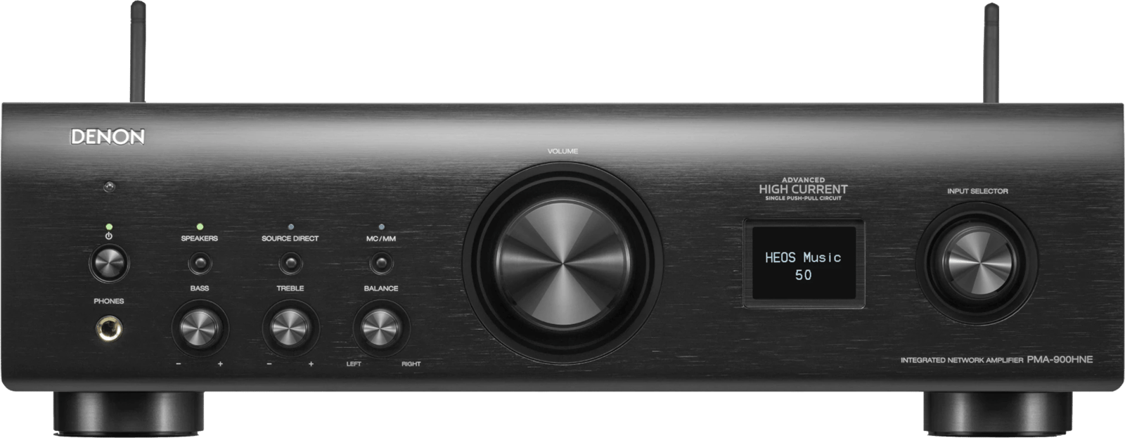 Netzwerk-Vollverstärker Denon PMA-900HNE in Schwarz, gerade von vorn, mit Lautstärkeregler, Display, Eingangswähler und aufgestellten Antennen.