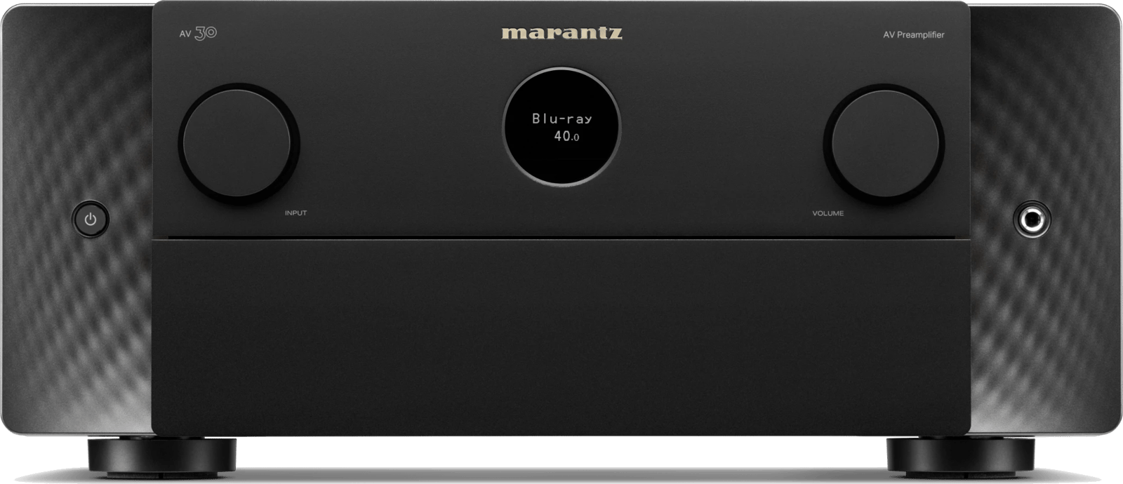 Frontansicht des Marantz AV30 AV-Vorverstärkers mit Lautstärke- und Eingangsreglern.