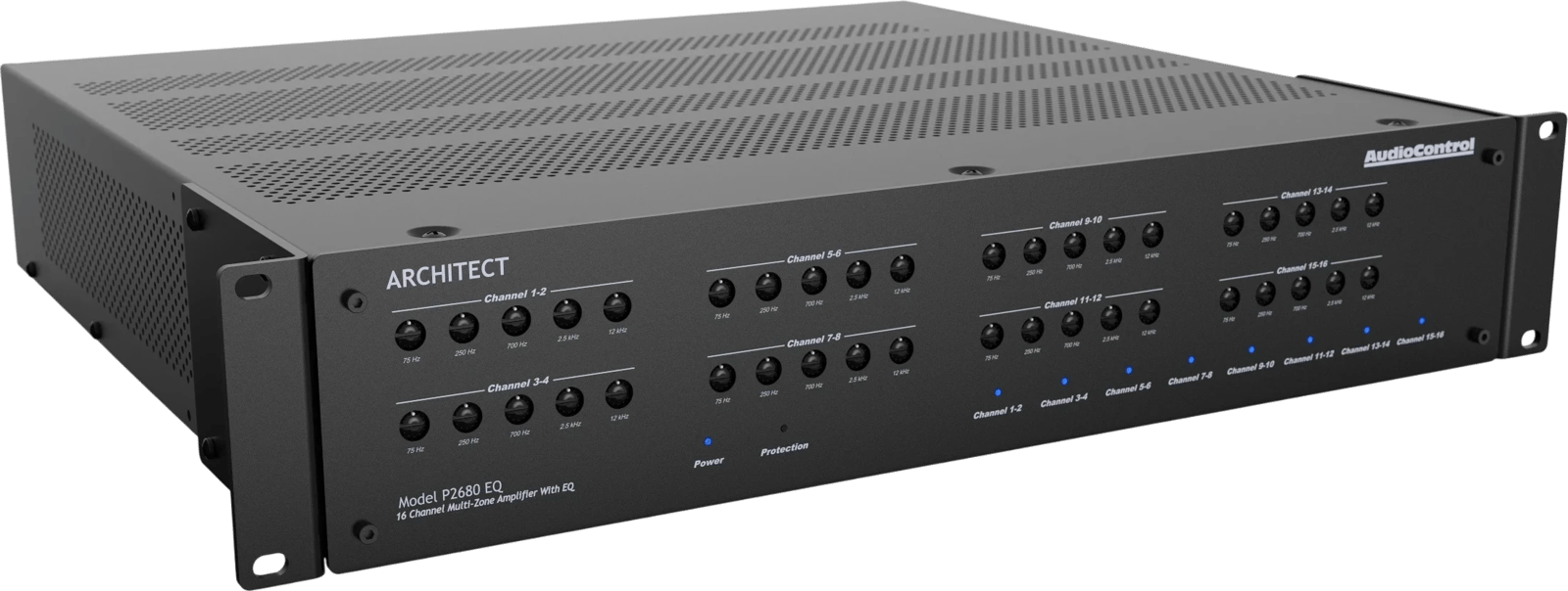 AudioControl Architect P2680 EQ 16-Kanal-Endstufe mit 5-Band-Equalizer, Ansicht von vorne-rechts.