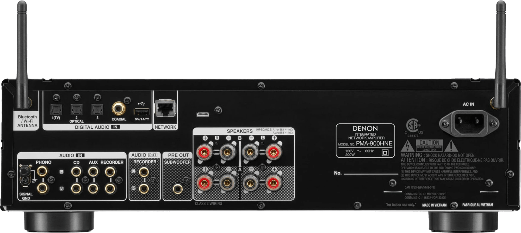 Rückseite des Denon PMA-900HNE in Schwarz mit Cinch-Eingängen, Digitaleingängen, Netzwerkbuchse, Lautsprecherklemmen und zwei Antennen.