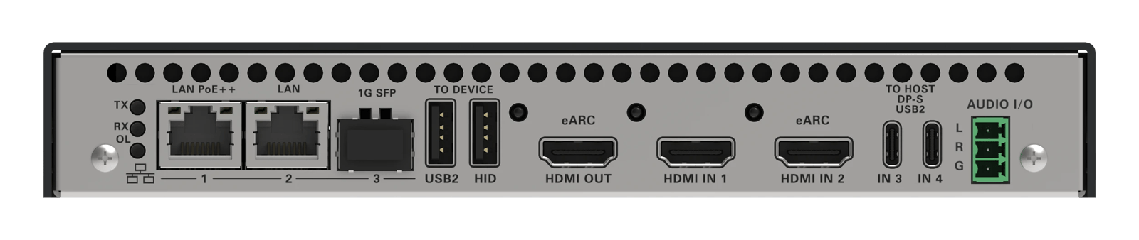 Rückansicht des Crestron DM-NVX-385 AV-over-IP-Switchers mit verschiedenen Anschlüssen.
