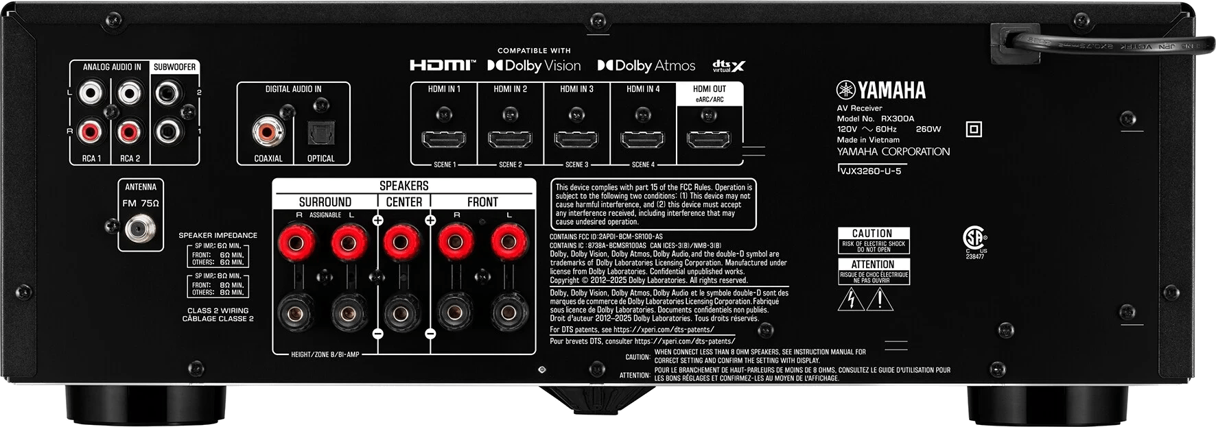 Rückansicht des Yamaha RX300A AV-Receivers mit sichtbaren Anschlüssen.