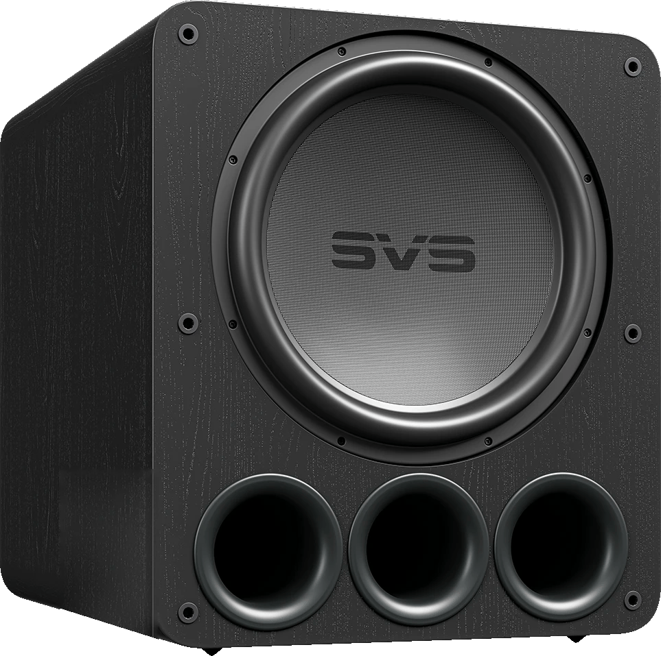 SVS PB-17 Ultra R|evolution Subwoofer, Front-Rechts-Ansicht mit sichtbaren Anschlüssen.