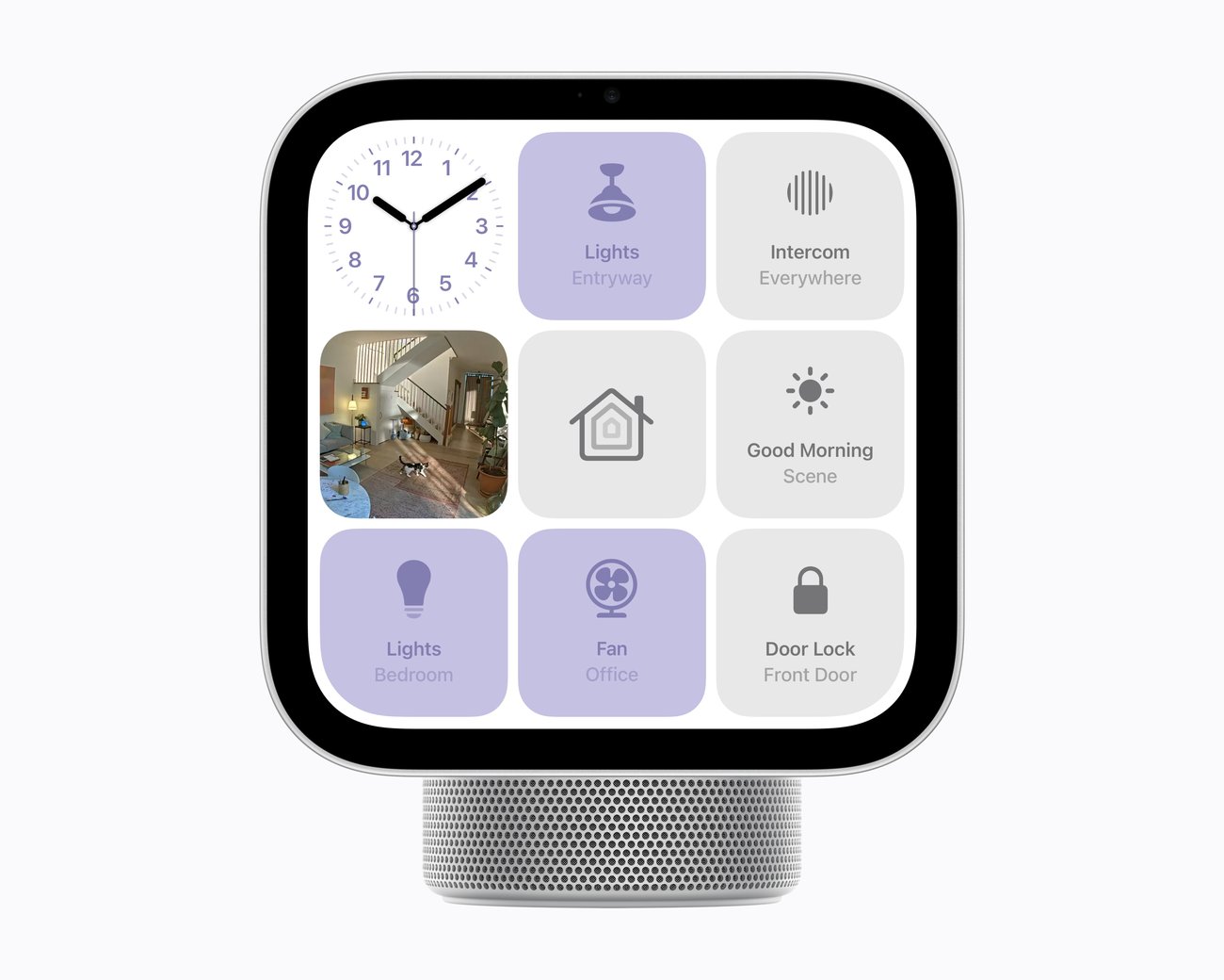 Home-Ansicht von Apple HomeView mit Kacheln für Licht, Intercom, die Szene „Good Morning“, Ventilator und Türschloss, daneben ein Kamerabild