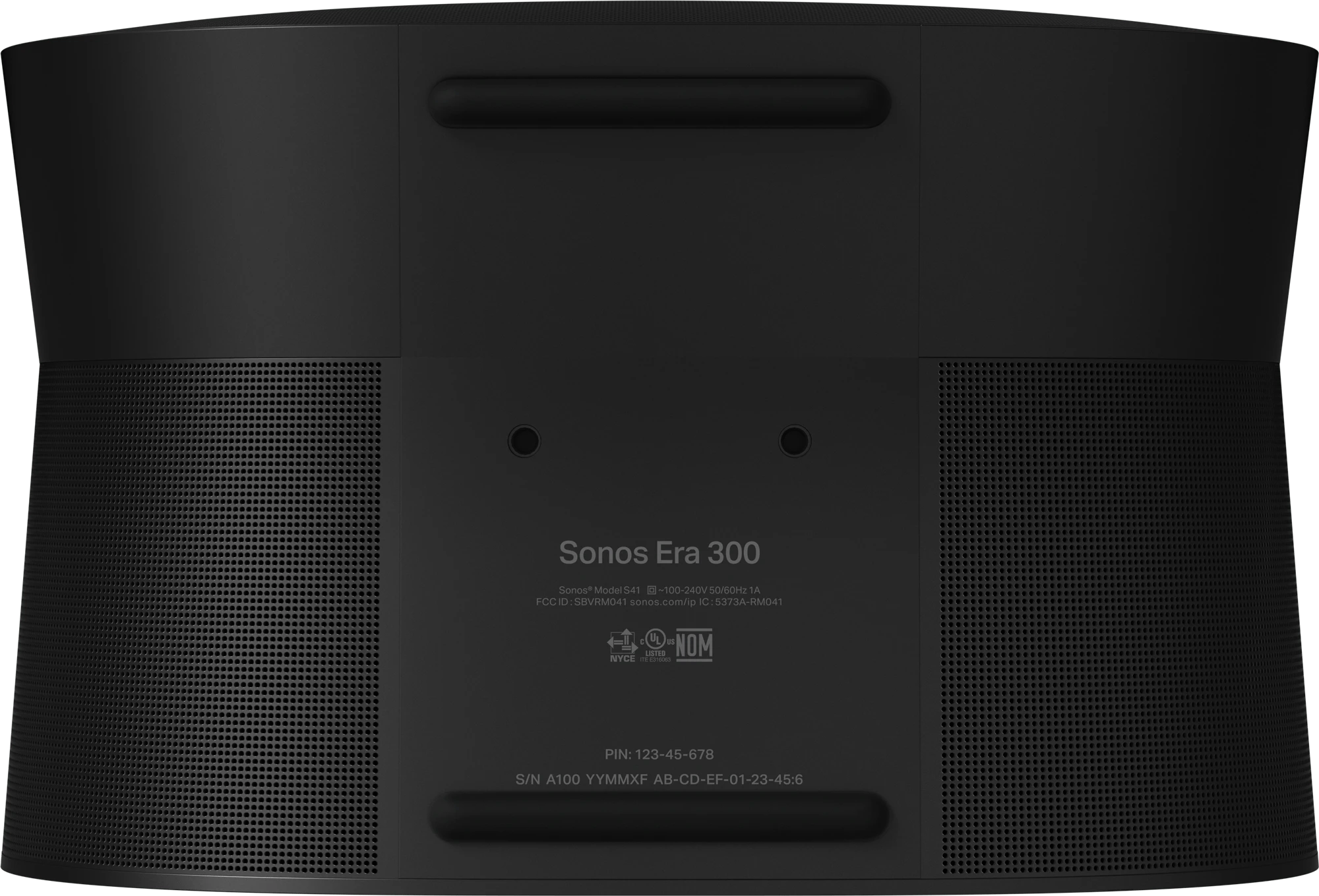 Rückansicht des Sonos Era 300 Lautsprechers mit Anschlüssen und Branding.