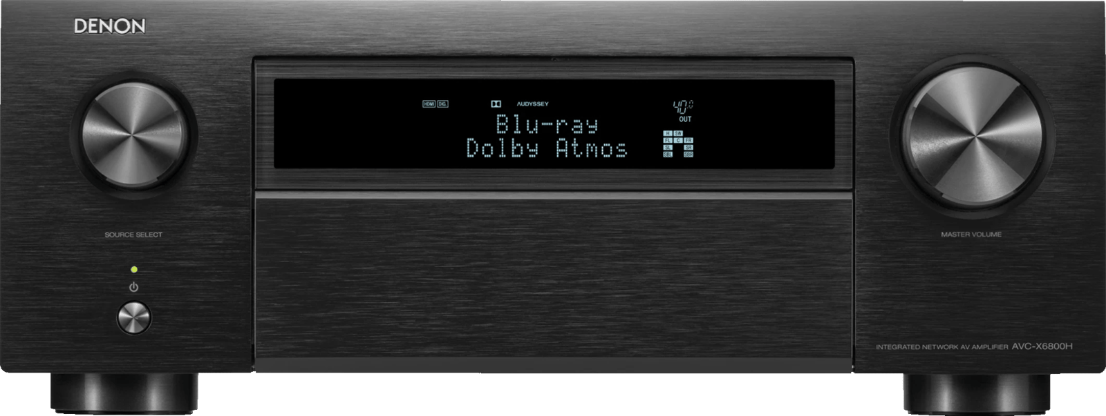 Frontansicht des Denon AVC-X6800H AV-Verstärkers mit Quellenauswahl- und Master-Lautstärkeregler.