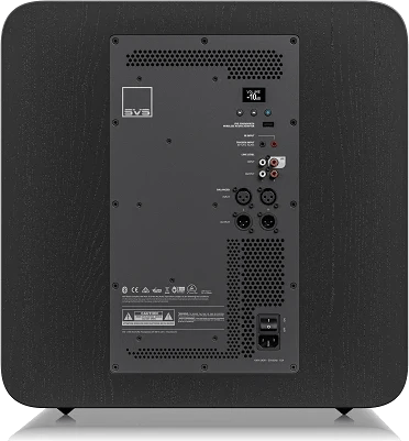 Rückansicht des SVS SB-17 Ultra R|evolution Subwoofers mit Anschlüssen und Bedienelementen.
