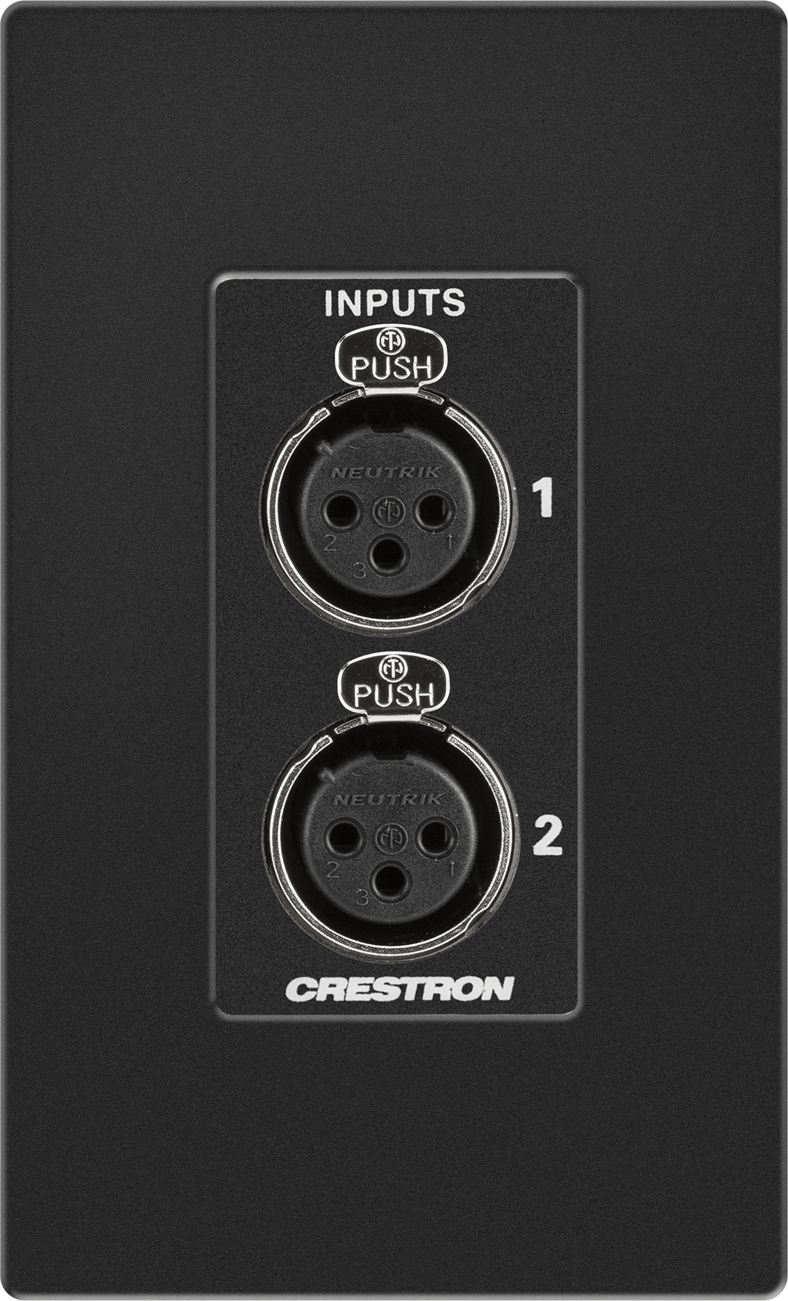Frontansicht der Crestron DM-NAX-2XLRI-1G Audio-over-IP Wandplatte mit zwei XLR-Eingängen.