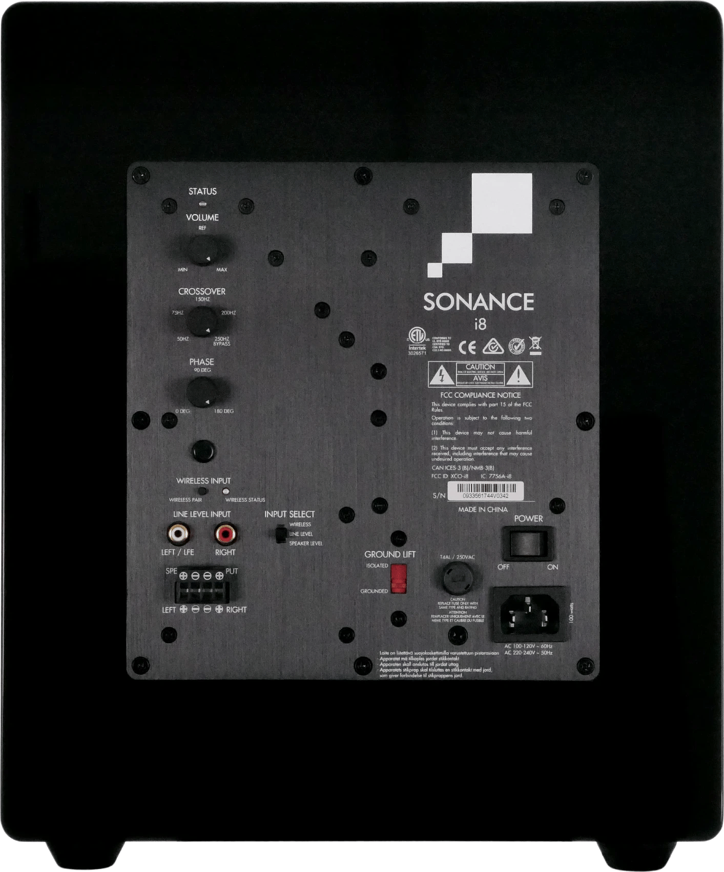 Rückansicht des Sonance IMPACT 8 SUB Subwoofers mit Anschlüssen und Bedienelementen.