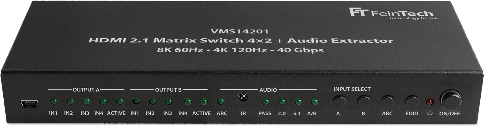 Frontansicht des FeinTech VMS14201 HDMI 2.1 Matrix Switch 4x2 mit Audio Extractor.