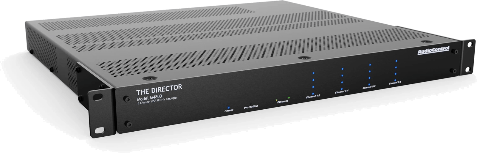 AudioControl Director M4800 8-Kanal DSP-Matrixverstärker, Ansicht von vorne rechts.