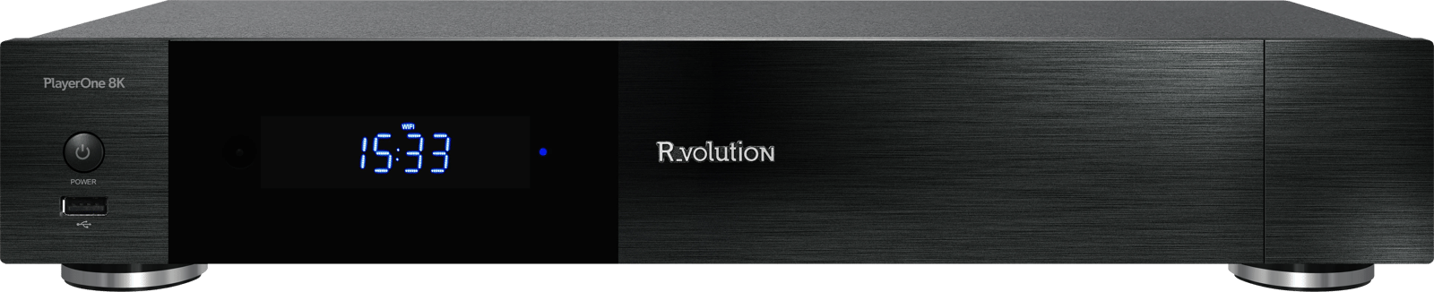 R.Volution PlayerOne 8K in Front-Top-Ansicht, zeigt den Netzschalter und USB-Anschluss.