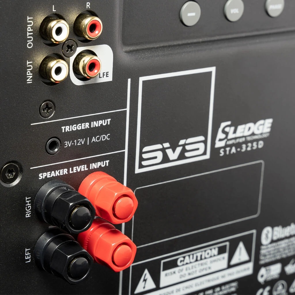 Rückansicht des SVS SB-1000 Pro Subwoofers mit Eingangsanschlüssen.