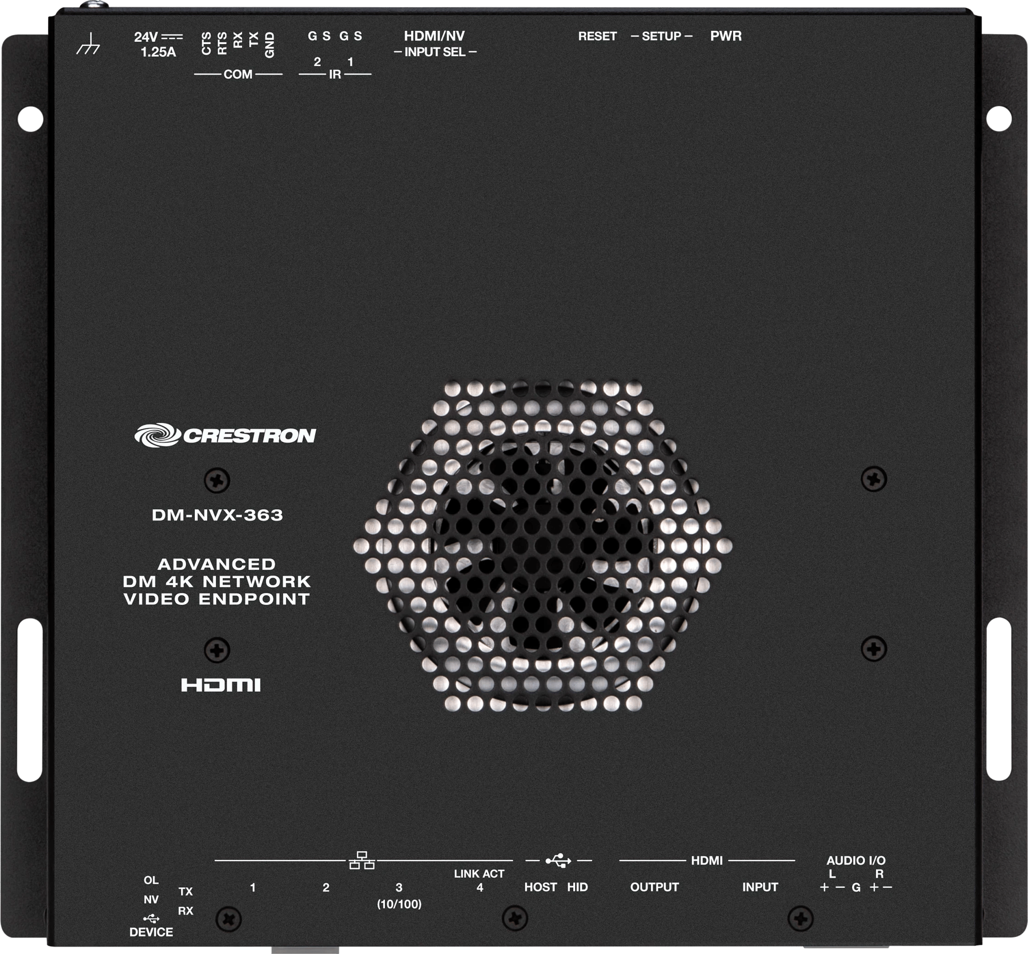 Obenansicht des Crestron DM-NVX-363 4K60 HDR Netzwerk AV Encoders/Decoders mit sichtbaren Anschlüssen.