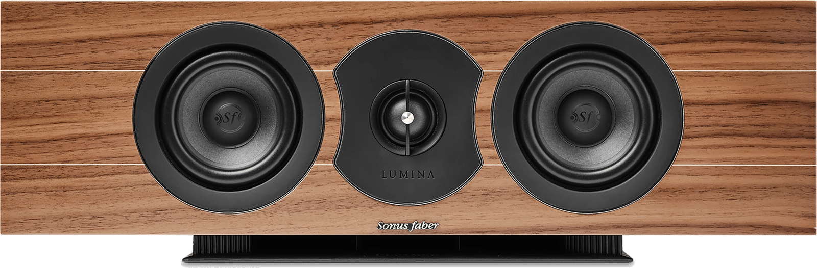 Frontansicht des Sonus faber Lumina Center Lautsprechers in Walnuss-Finish.